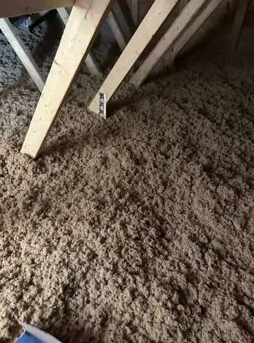 Blown-in cellulose insulation in an attic with a depth-check ruler standing in it